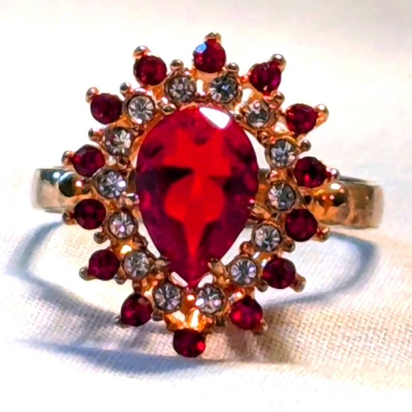 Vintage Jewelry - Gold Red Heart Shaped Teardrop Ring Simulated Rubies Diamonds Cocktail Size 9